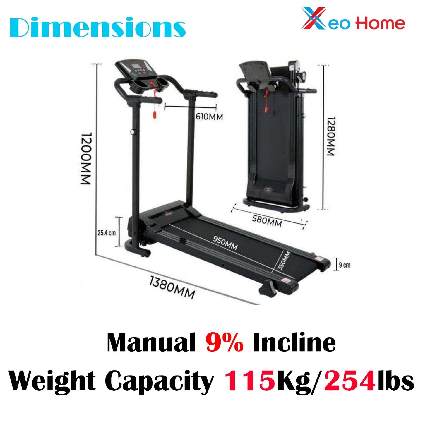 Foldable Treadmill 9% Incline Electric Running Motorised Machin Waking Home Gym